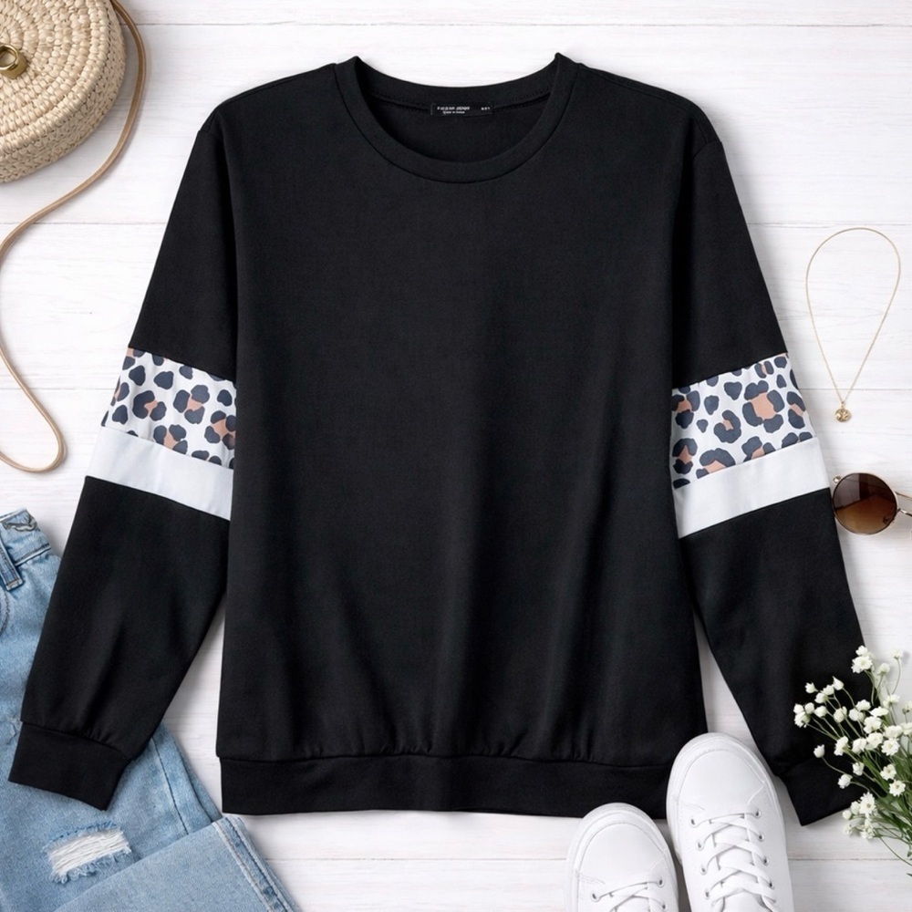 NWOT SHEIN CURVE Women Black Long Sleeve Cheetah Print Top Tee Shirt SZ 0XL